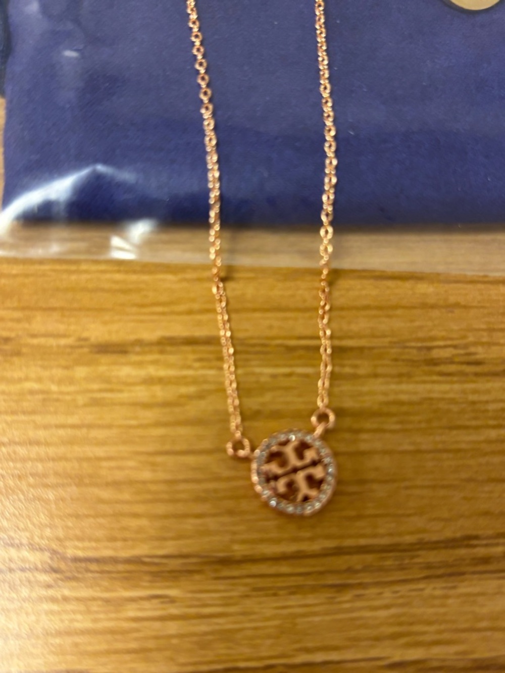 BNWT Tory Burch Rose Gold Logo Circle Necklace with CZ’s